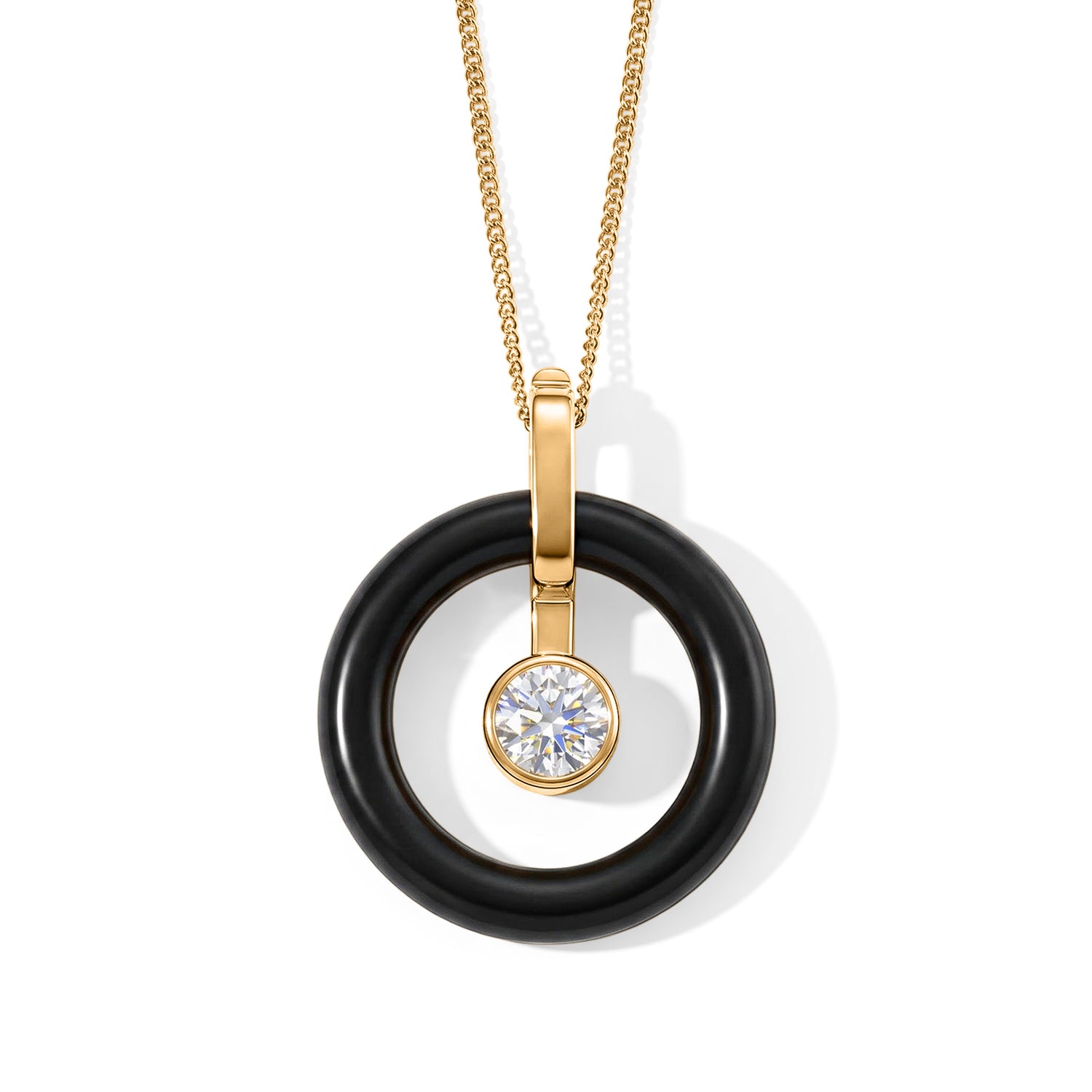 D'Joy - Moissanite &amp; Dyed Black Jade Circular Pendant with Chain (Size 18) with Lobster Clasp in Yellow Gold Plated Sterling Silver 14.26 Ct. 4498476 0