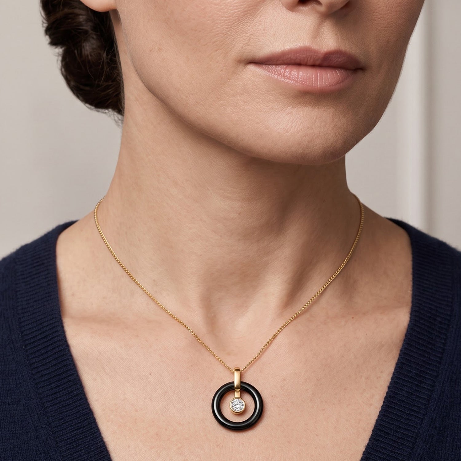 D'Joy - Moissanite &amp; Dyed Black Jade Circular Pendant with Chain (Size 18) with Lobster Clasp in Yellow Gold Plated Sterling Silver 14.26 Ct. 4498476 1