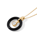 D'Joy - Moissanite & Dyed Black Jade Circular Pendant with Chain (Size 18) with Lobster Clasp in Yellow Gold Plated Sterling Silver 14.26 Ct._4498476_3