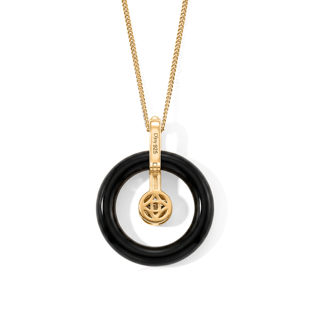 D'Joy - Moissanite & Dyed Black Jade Circular Pendant with Chain (Size 18) with Lobster Clasp in Yellow Gold Plated Sterling Silver 14.26 Ct._4498476_4