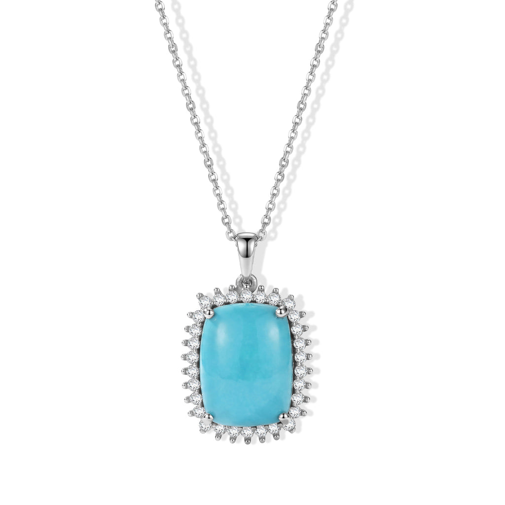 Luxuriant - Sleeping Beauty Turquoise & Lab Grown Diamond (SI/G-H) Halo Pendant with Chain (Size 20) in Rhodium Overlay Sterling Silver 8.50 Ct._4499437