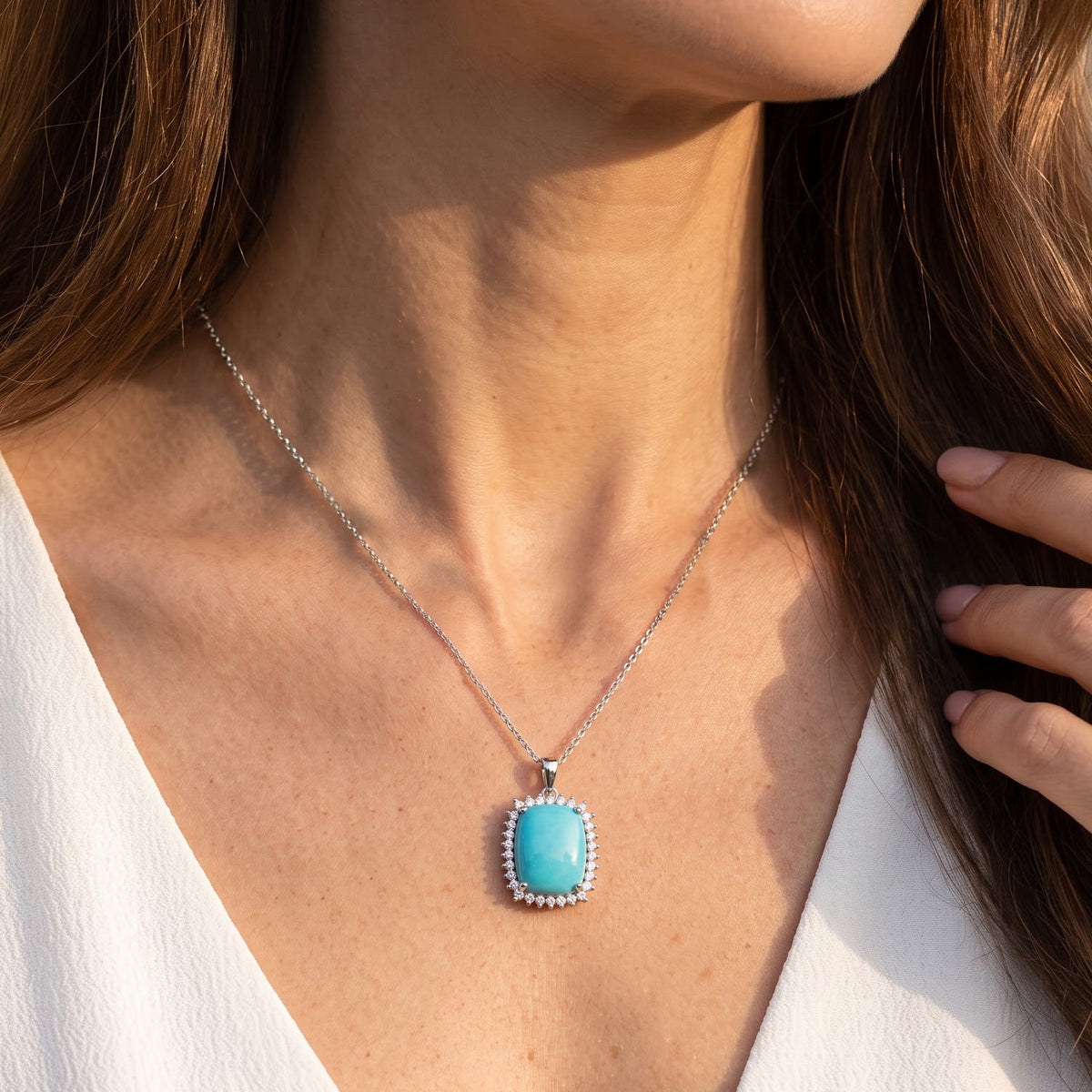 Luxuriant - Sleeping Beauty Turquoise &amp; Lab Grown Diamond (SI/G-H) Halo Pendant with Chain (Size 20) in Rhodium Overlay Sterling Silver 8.50 Ct. V32605634 3