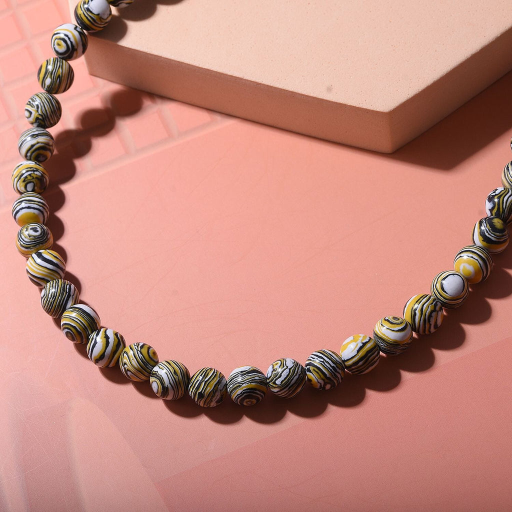 Black and Yellow Malachite Beads Necklace (Size - 18) in Sterling Silver 450.00 Ct.