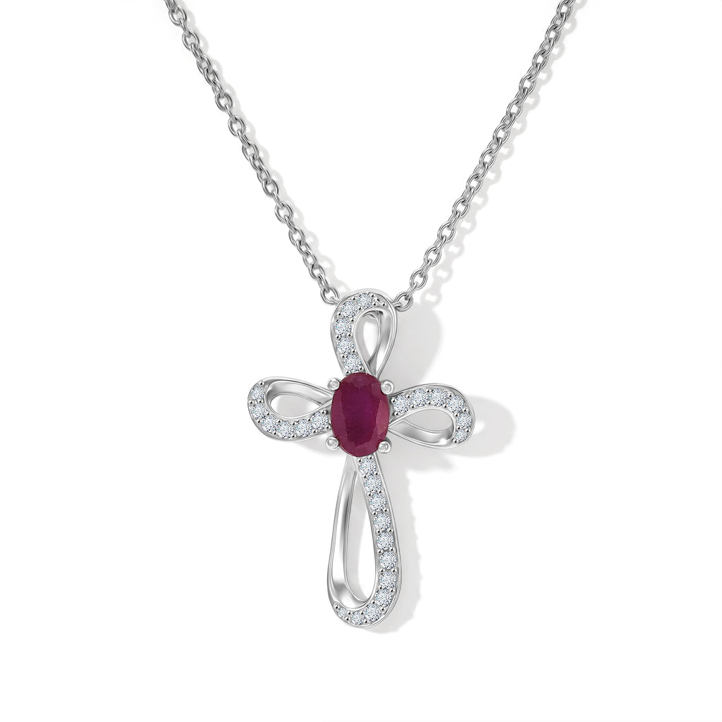D'Joy - African Ruby & Moissanite Pendant with Chain (Size 20) in Rhodium Overlay Sterling Silver_4500298