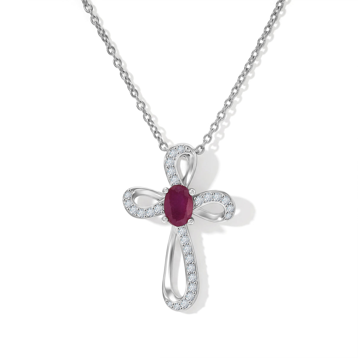 D'Joy - African Ruby &amp; Moissanite Birthstone Swirl Cross Pendant with Chain (Size 20) in Rhodium Overlay Sterling Silver 4500298 0