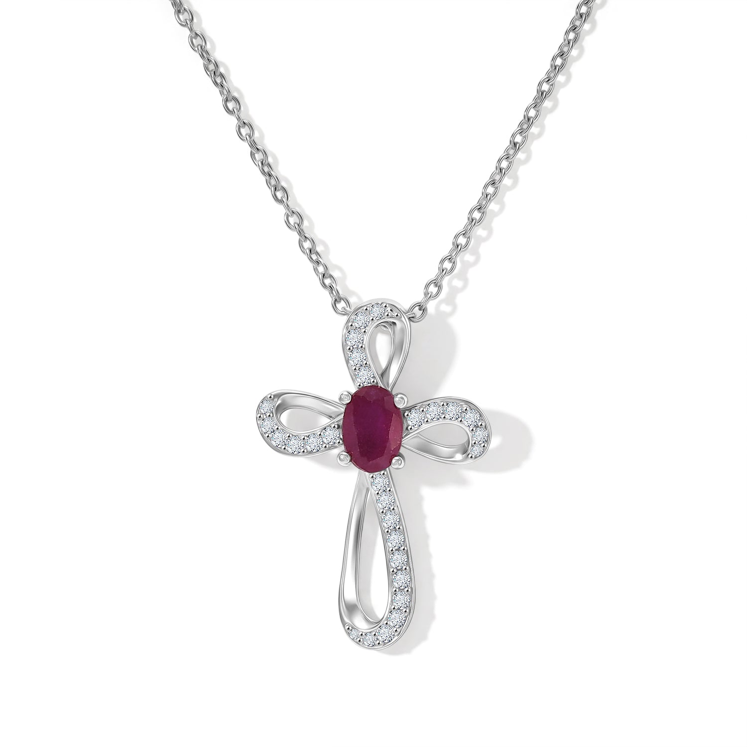D'Joy - African Ruby &amp; Moissanite Birthstone Swirl Cross Pendant with Chain (Size 20) in Rhodium Overlay Sterling Silver 4500298 0