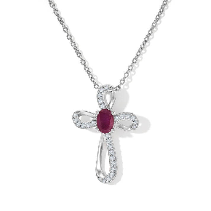 D'Joy - African Ruby &amp; Moissanite Birthstone Swirl Cross Pendant with Chain (Size 20) in Rhodium Overlay Sterling Silver 4500298 1
