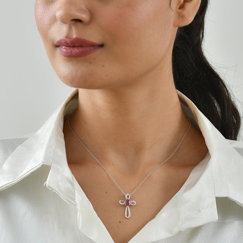 D'Joy - African Ruby & Moissanite Pendant with Chain (Size 20) in Rhodium Overlay Sterling Silver_4500298_1