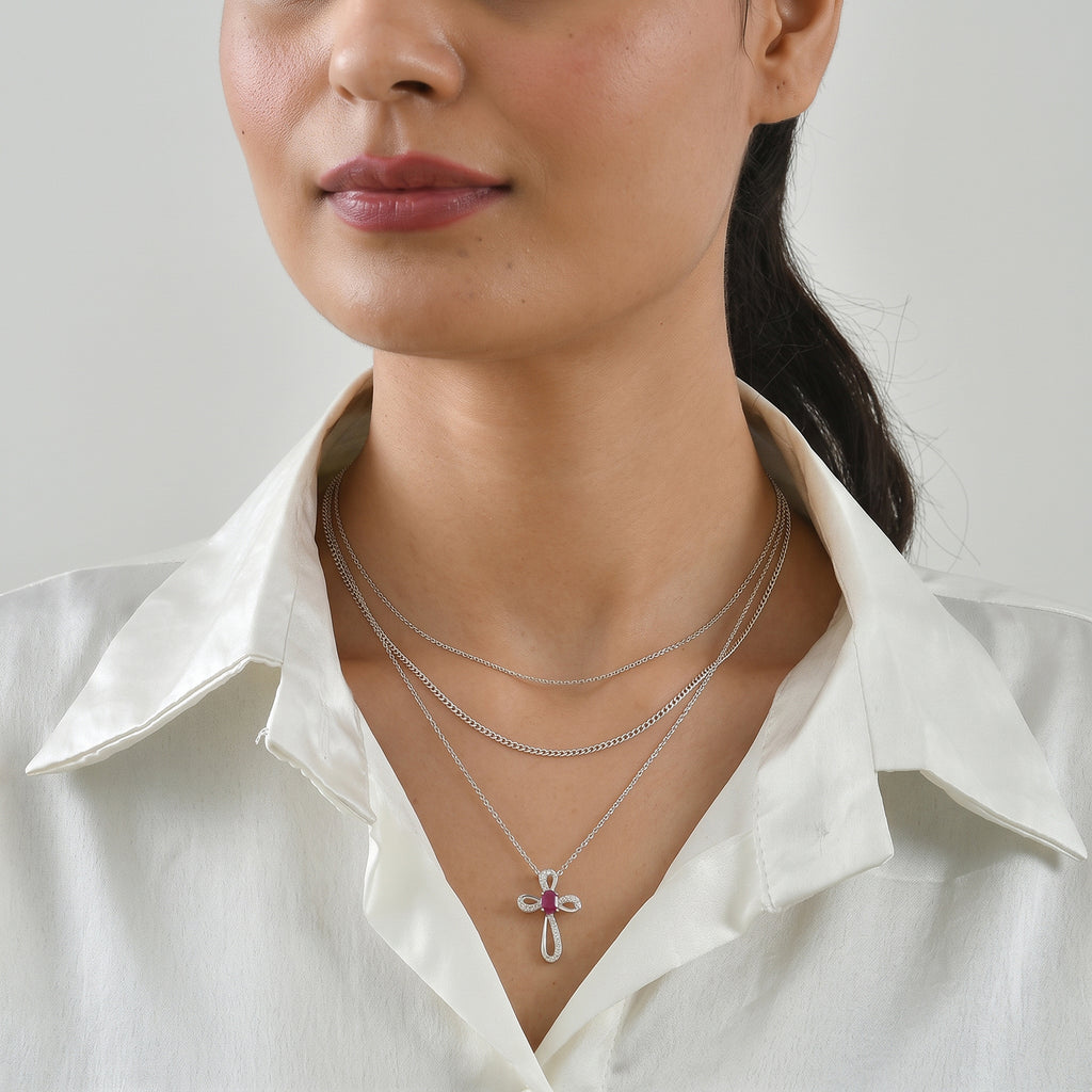 D'Joy - African Ruby & Moissanite Pendant with Chain (Size 20) in Rhodium Overlay Sterling Silver_4500298_2