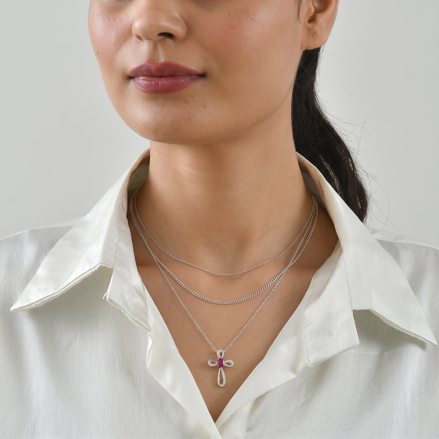 D'Joy - African Ruby &amp; Moissanite Birthstone Swirl Cross Pendant with Chain (Size 20) in Rhodium Overlay Sterling Silver 4500298 2