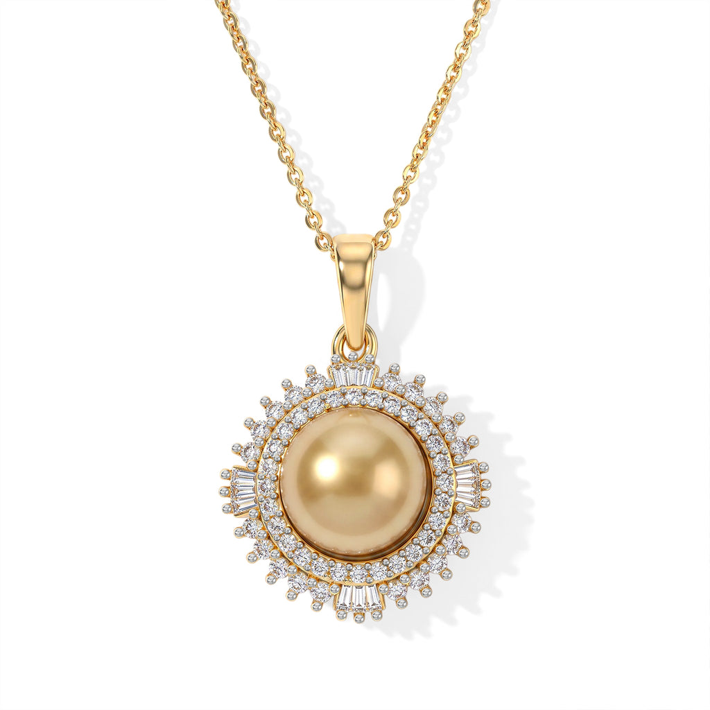 D'Joy - Golden South Sea Pearl (9-11mm) & Natural White Diamond Pendant with Chain (Size 20) in 18K Vermeil Yellow Gold Plated Sterling Silver 6.05 Ct._4501274