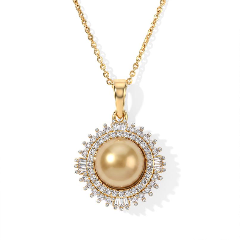 D'Joy - Golden South Sea Pearl (9-11mm) & Natural White Diamond Pendant with Chain (Size 20) in 18K Vermeil Yellow Gold Plated Sterling Silver 6.05 Ct._4501274