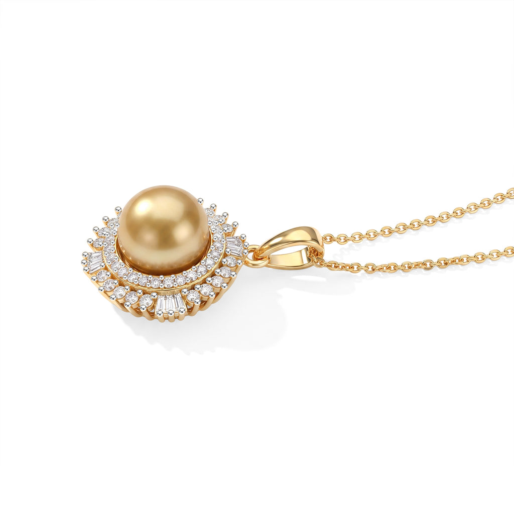 D'Joy - Golden South Sea Pearl (9-11mm) & Natural White Diamond Pendant with Chain (Size 20) in 18K Vermeil Yellow Gold Plated Sterling Silver 6.05 Ct._4501274_3