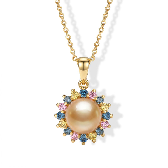 Luxuriant - Premium Golden South Sea Pearl &amp; Lab Grown Multi Diamond (SI-G-H) Sunburst Halo Pendant with Chain (Size 20) in 18K Vermeil Yellow Gold Plated Sterling Silver 5.80 Ct. 4501310 1