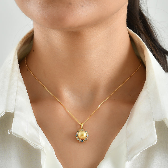 Luxuriant - Premium Golden South Sea Pearl &amp; Lab Grown Multi Diamond (SI-G-H) Sunburst Halo Pendant with Chain (Size 20) in 18K Vermeil Yellow Gold Plated Sterling Silver 5.80 Ct. 4501310 2