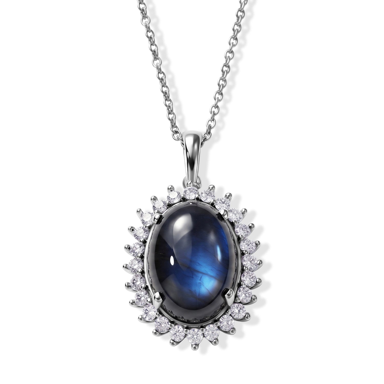 EverTrue - Labradorite &amp; White Zircon Halo Pendant with Chain (Size 20) 14.85 Ct. V32529829 0