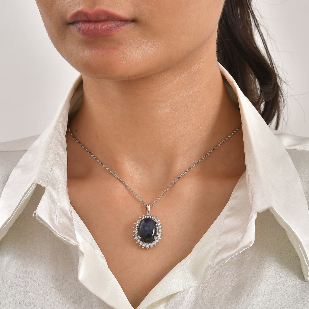 EverTrue - Labradorite & White Zircon Halo Pendant with Chain (Size 20) 14.85 Ct._4501555_1