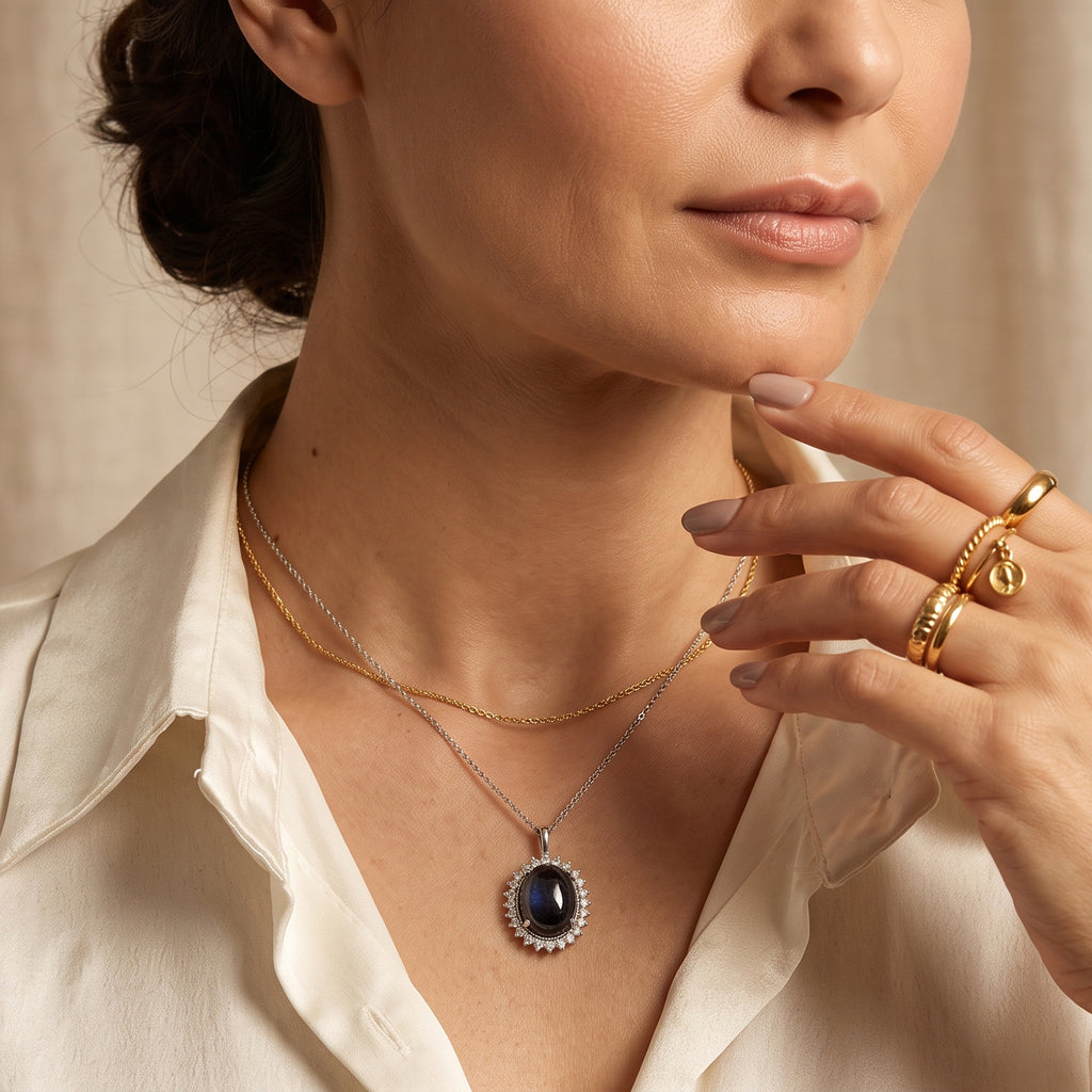 EverTrue - Labradorite & White Zircon Halo Pendant with Chain (Size 20) 14.85 Ct._4501555_2