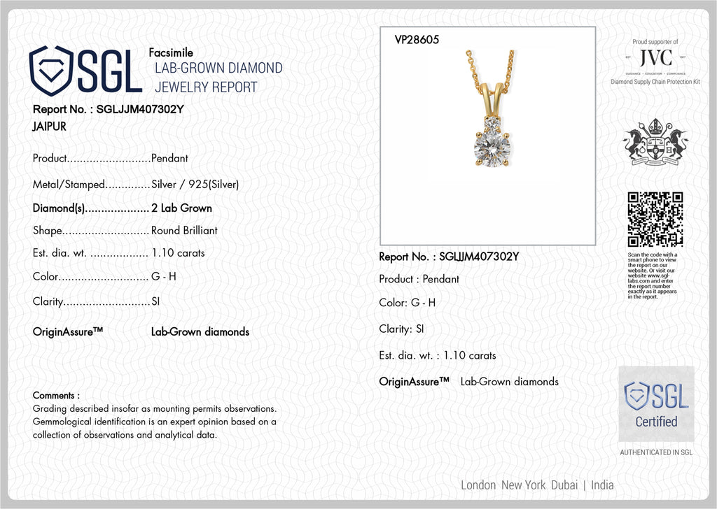 Luxuriant - SGL Certified Lab Grown Diamond (SI/G-H) Pendant with Chain (Size 20) in 18K Vermeil Yellow Gold Plated Sterling Silver 1.15 Ct._4501788_6