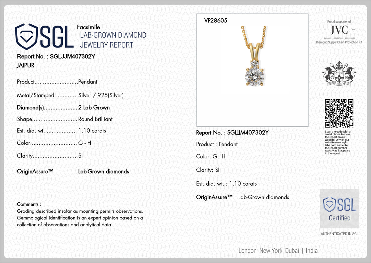 Luxuriant - SGL Certified Lab Grown Diamond (SI-G-H) Two Stone Pendant with Chain (Size 20) in 18K Vermeil Yellow Gold Plated Sterling Silver 1.15 Ct. 4501788 7