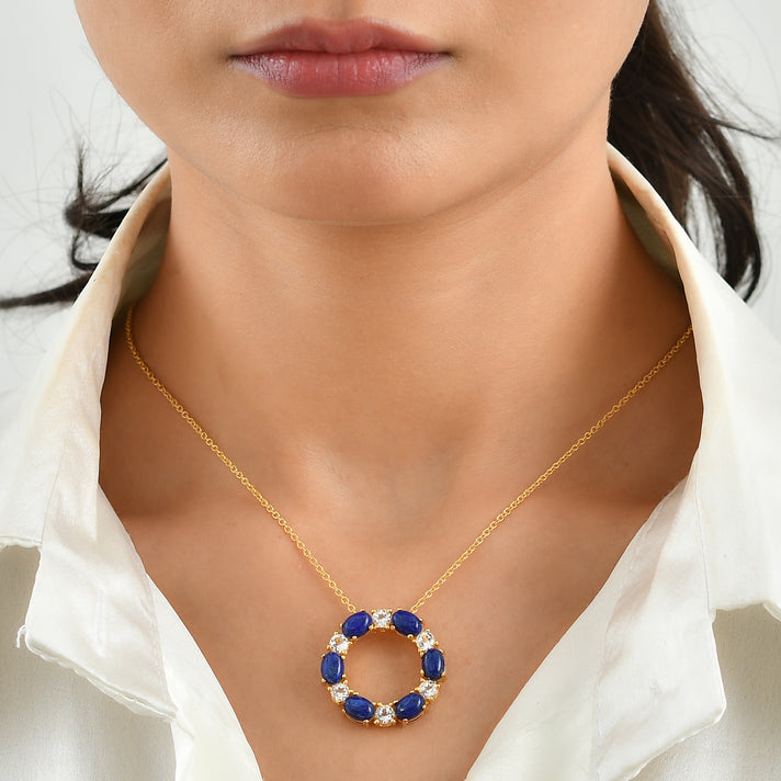 EverTrue - Lapis Lazuli &amp; White Topaz Pendant with Chain (Size 20) in Yellow Gold Tone 7.90 Ct. 4502645 2