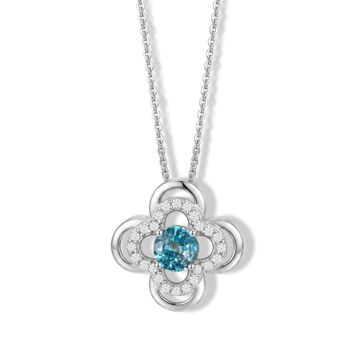 D'Joy - AAA RatanakirI Blue Zircon &amp; White Zircon Floral Drop Pendant with Chain (Size 20) in Rhodium Overlay Sterling Silver 1.40 Ct. 4502738 0