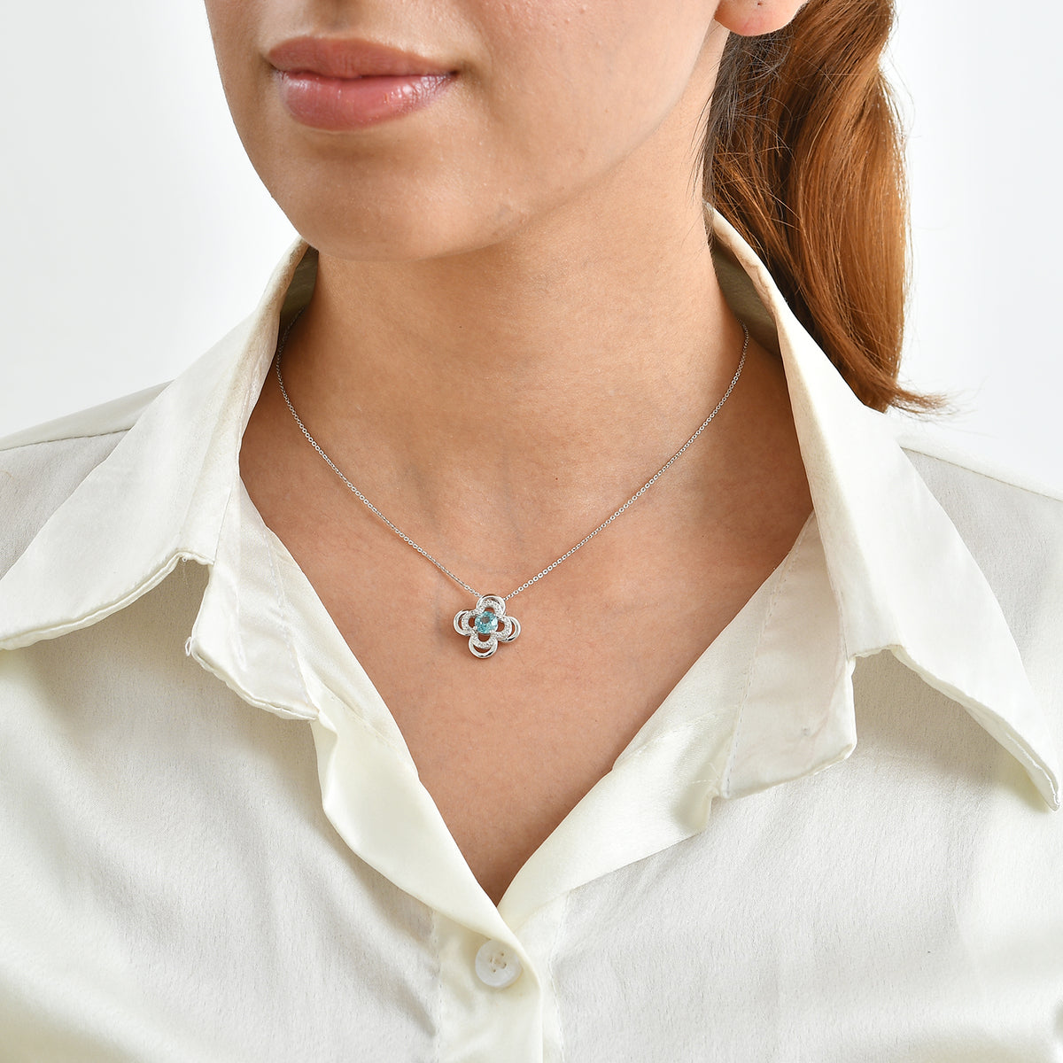 D'Joy - AAA RatanakirI Blue Zircon &amp; White Zircon Floral Drop Pendant with Chain (Size 20) in Rhodium Overlay Sterling Silver 1.40 Ct. 4502738 2