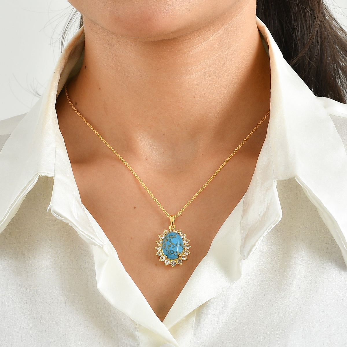 EverTrue - Mohave Blue Turquoise &amp; White Topaz Halo Pendant with Chain (Size 20) in Yellow Gold 10.05 Ct. 4502933 2