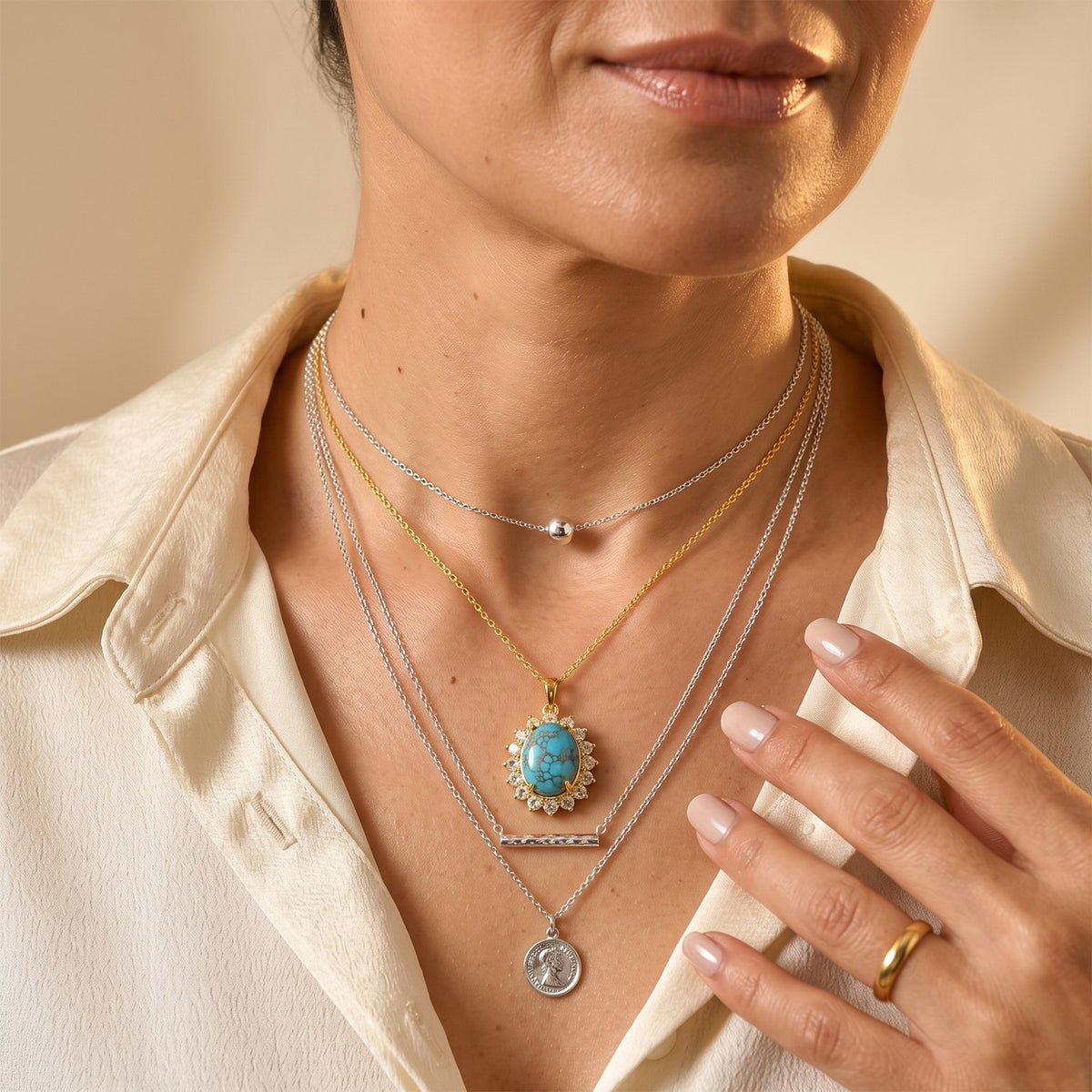 EverTrue - Mohave Blue Turquoise &amp; White Topaz Halo Pendant with Chain (Size 20) in Yellow Gold 10.05 Ct. 4502933 3