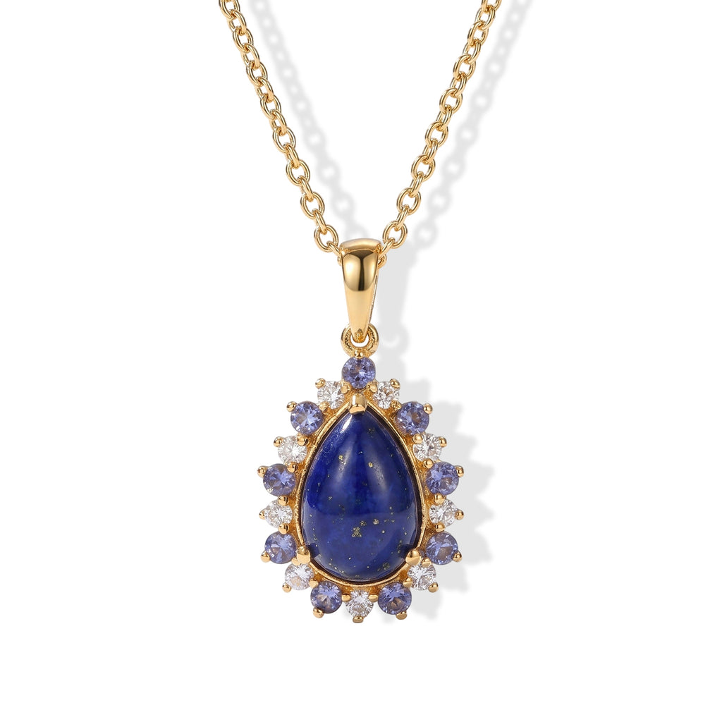EverTrue - Lapis Lazuli, White Zircon & Lolite Halo Pendant with Chain (Size 20) in Yellow Gold Tone 5.10 Ct._4503018