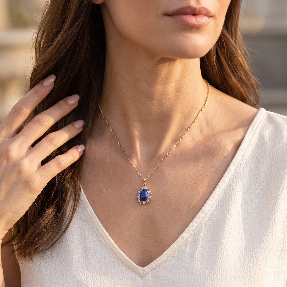 EverTrue - Lapis Lazuli, White Zircon &amp; Lolite Halo Pendant with Chain (Size 20) in Yellow Gold Tone 5.10 Ct. V32594746 2