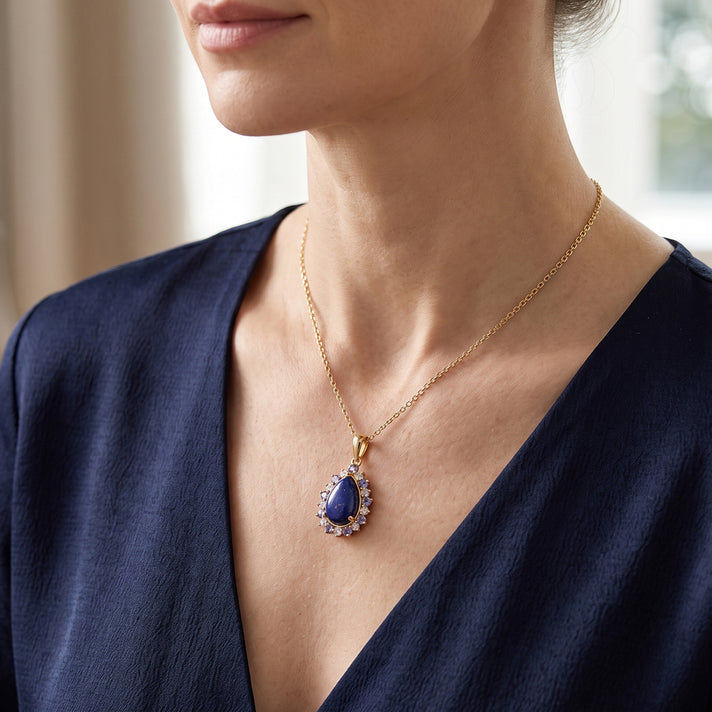 EverTrue - Lapis Lazuli, White Zircon &amp; Lolite Pendant with Chain (Size 20) in Yellow Gold Tone 5.10 Ct. 4503018 2