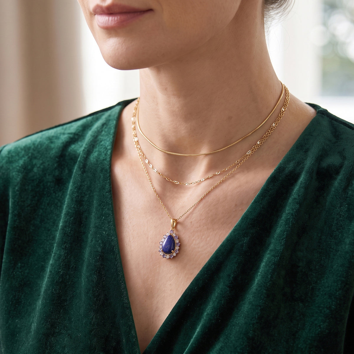 EverTrue - Lapis Lazuli, White Zircon &amp; Lolite Halo Pendant with Chain (Size 20) in Yellow Gold Tone 5.10 Ct. V32594746 3