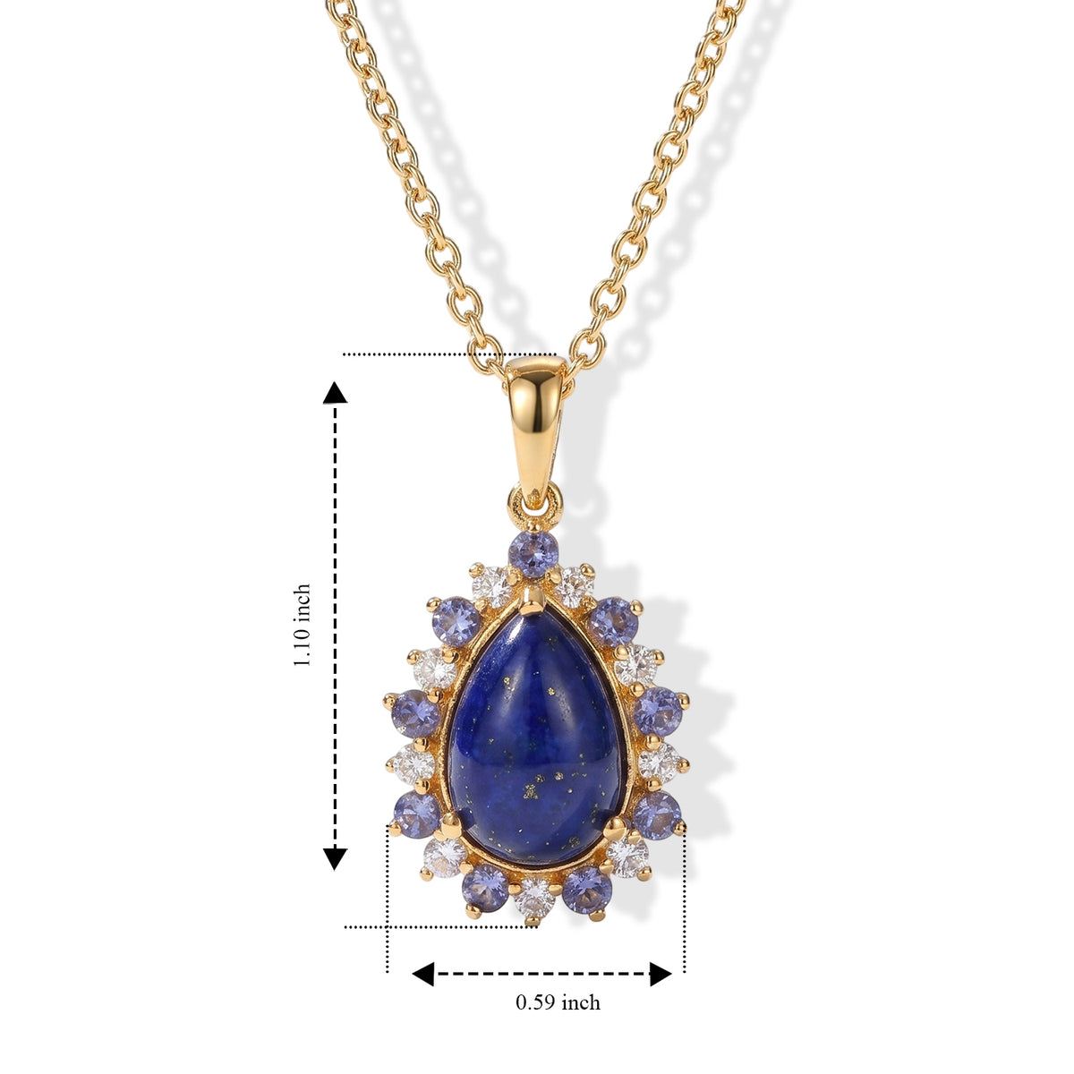 EverTrue - Lapis Lazuli, White Zircon &amp; Lolite Halo Pendant with Chain (Size 20) in Yellow Gold Tone 5.10 Ct. V32594746 5