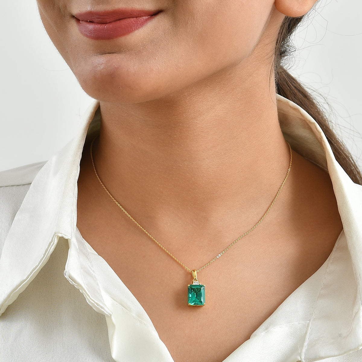 Luxuriant - Lab Grown Columbian Emerald &amp; Lab Grown Diamond (SI/G-H) Pendant with Chain (Size 20) in 18K Vermeil Yellow Gold Plated Sterling Silver 4.00 Ct. 4503100 2