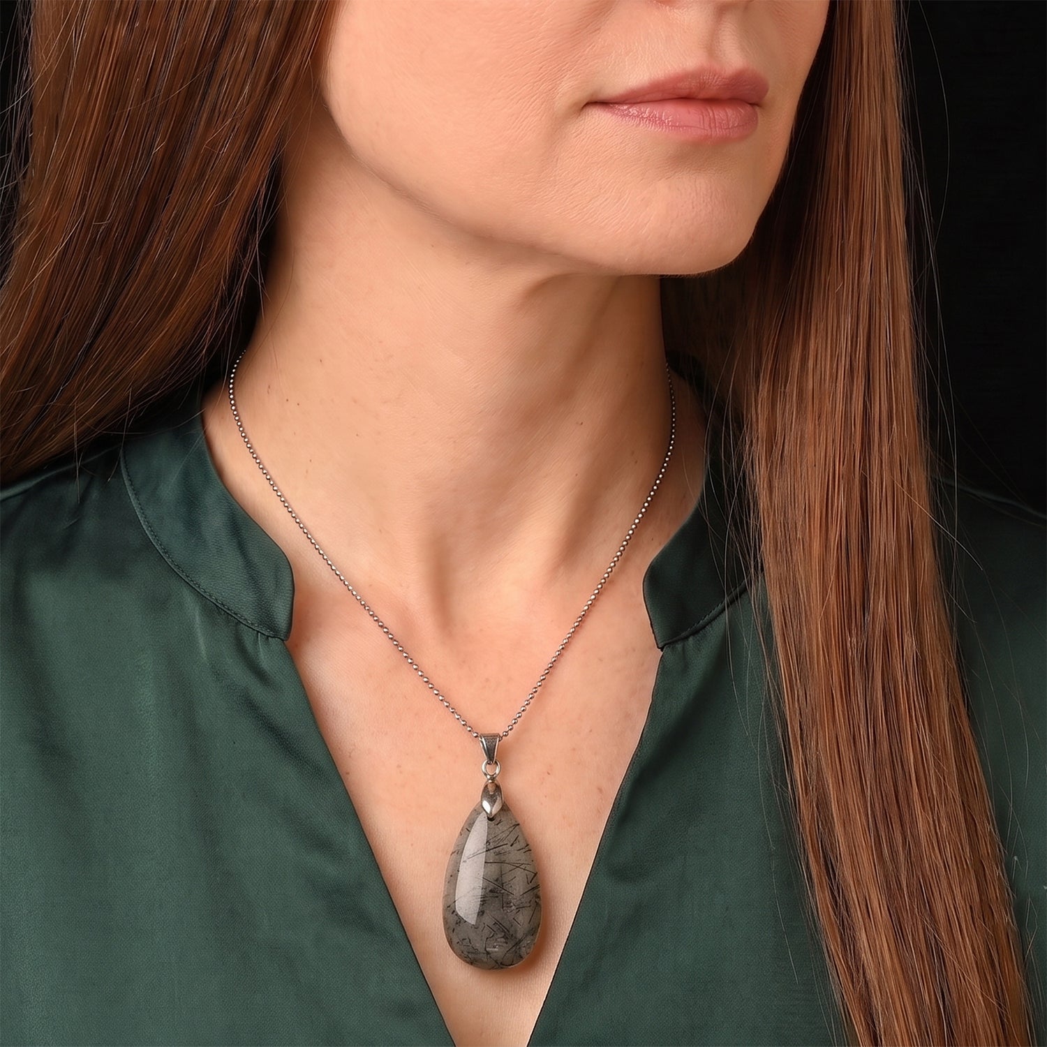 Black Rutilated Quartz Drop Pendant with Chain (Size 20) 55.00 Ct. 4503550 1