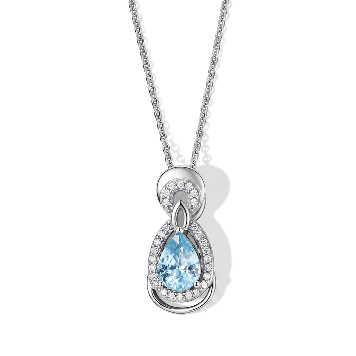 D'Joy - AAA RatanakirI Blue Zircon &amp; White Zircon Halo Drop Pendant with Chain (Size 20) in Rhodium Overlay Sterling Silver 1.35 Ct. 4503791 1