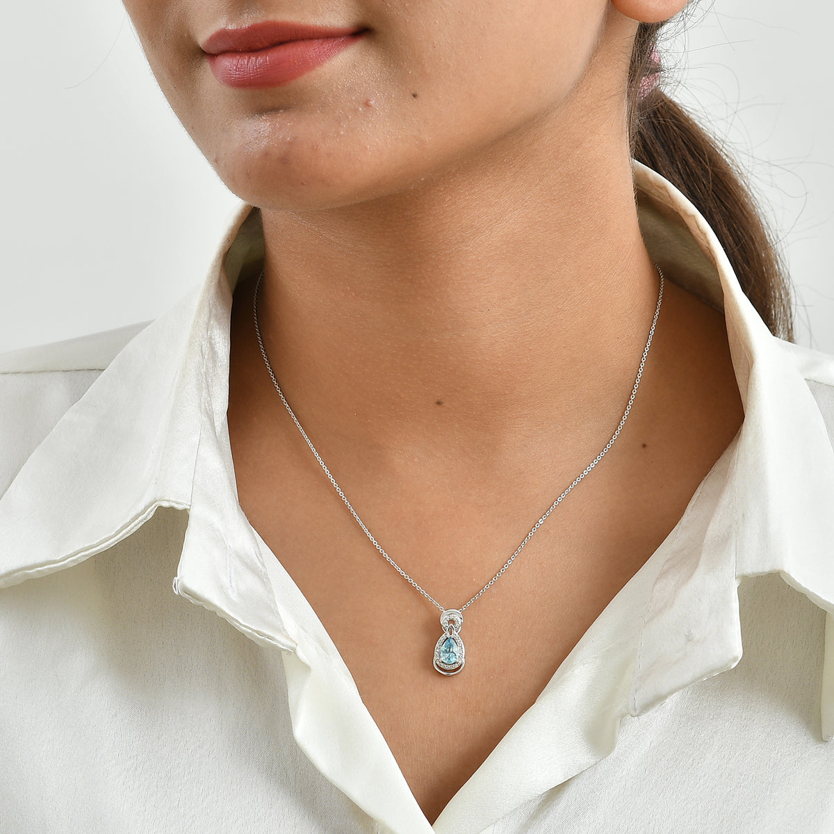 D'Joy - AAA RatanakirI Blue Zircon &amp; White Zircon Halo Drop Pendant with Chain (Size 20) in Rhodium Overlay Sterling Silver 1.35 Ct. 4503791 2