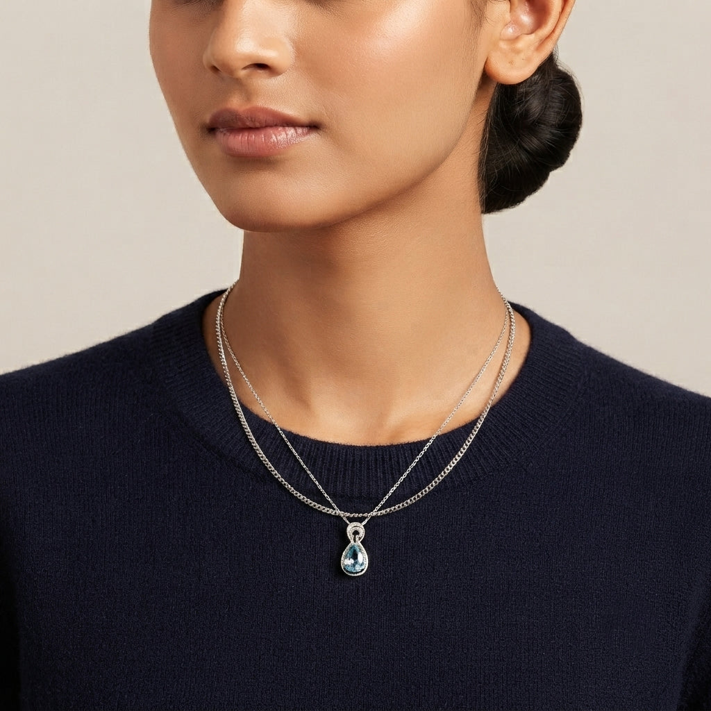 D'Joy - Blue Zircon & White Zircon Halo Drop Pendant with Chain (Size 20) in Rhodium Overlay Sterling Silver 1.35 Ct._4503791_2
