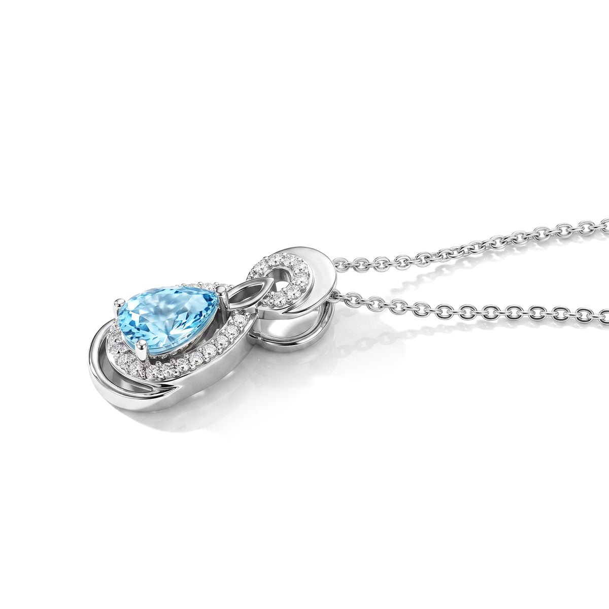 D'Joy - AAA RatanakirI Blue Zircon &amp; White Zircon Halo Drop Pendant with Chain (Size 20) in Rhodium Overlay Sterling Silver 1.35 Ct. 4503791 4