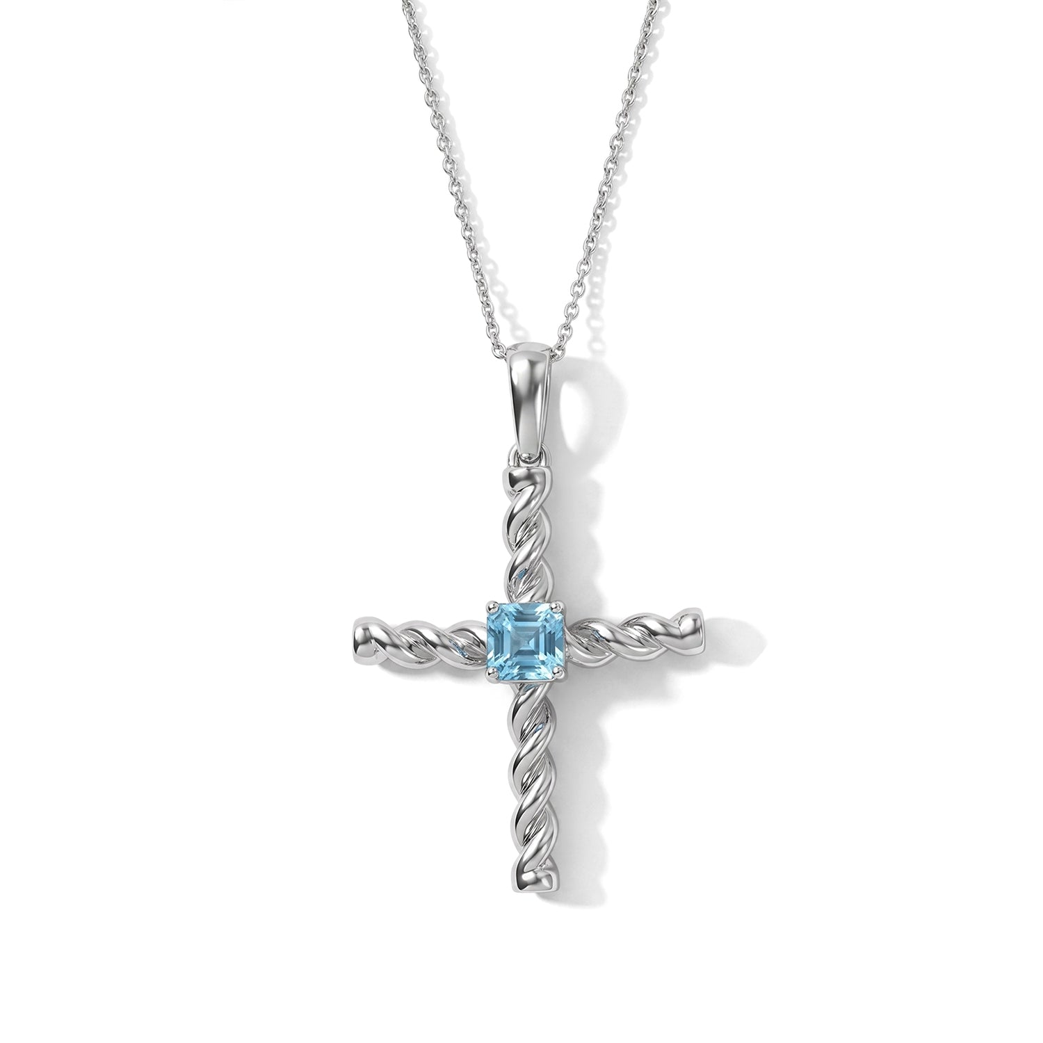 D'Joy - AAA RatanakirI Blue Zircon Cross Pendant with Chain (Size 20) in Rhodium Overlay Sterling Silver 1.40 Ct. 4503799 0