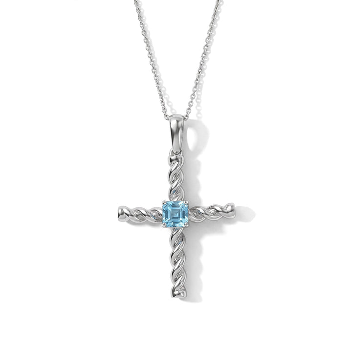 D'Joy - AAA RatanakirI Blue Zircon Cross Pendant with Chain (Size 20) in Rhodium Overlay Sterling Silver 1.40 Ct. 4503799 1
