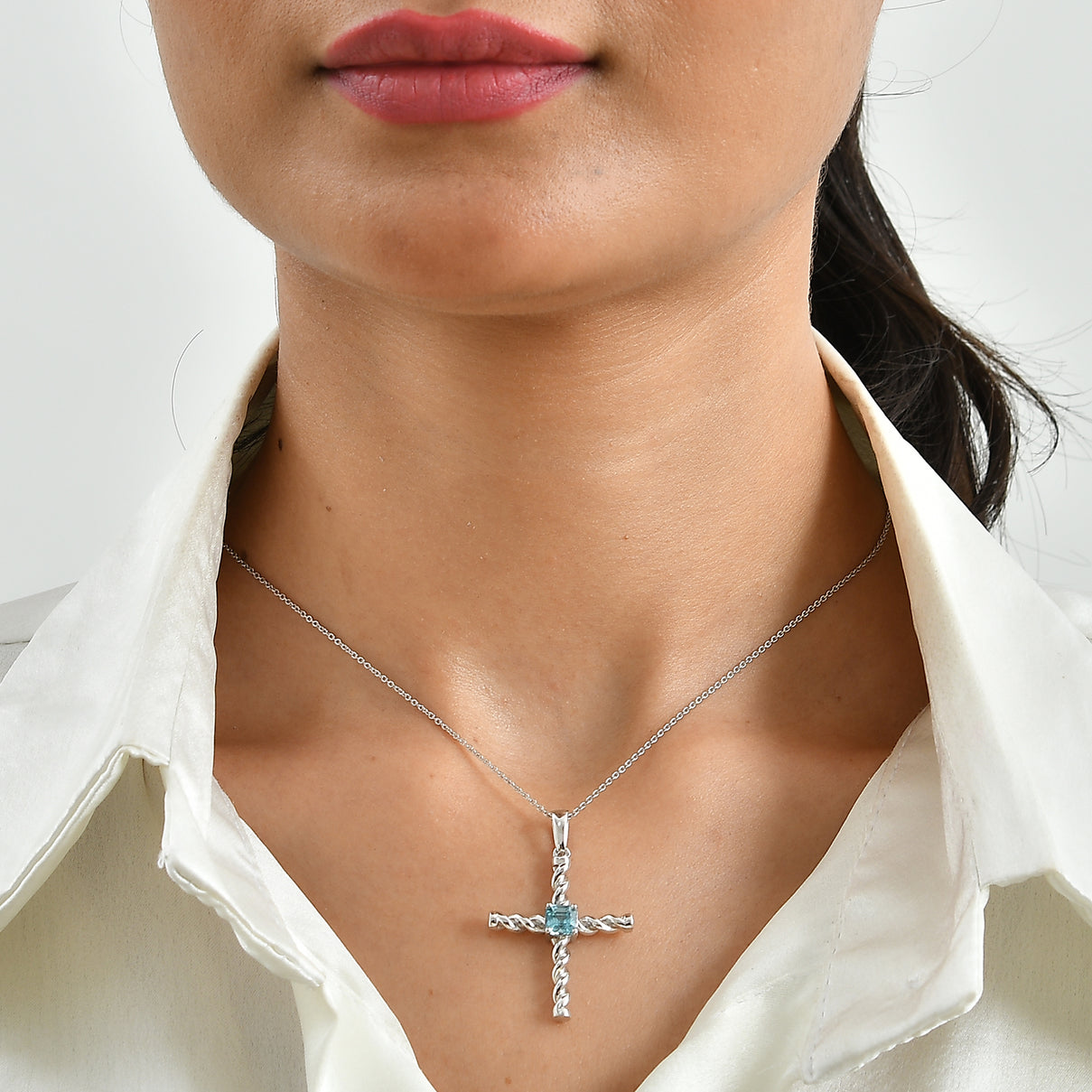 D'Joy - AAA RatanakirI Blue Zircon Cross Pendant with Chain (Size 20) in Rhodium Overlay Sterling Silver 1.40 Ct. 4503799 2