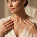 D'Joy - Blue Zircon Cross Pendant with Chain (Size 20) in Rhodium Overlay Sterling Silver 1.40 Ct._4503799_2