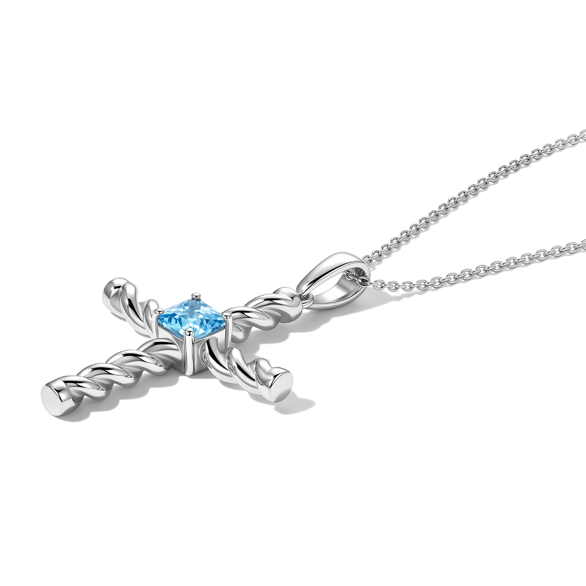D'Joy - AAA RatanakirI Blue Zircon Cross Pendant with Chain (Size 20) in Rhodium Overlay Sterling Silver 1.40 Ct. 4503799 4