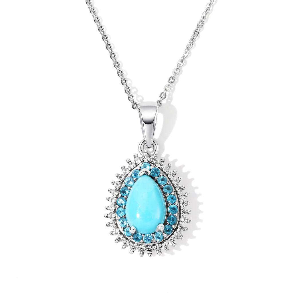 Blue Turquoise,  White Zircon,  Neon Apatite Pendant with Chain (Size 20) in Rhodium Overlay Sterling Silver 1.00 ct  1.852  Ct._4504472