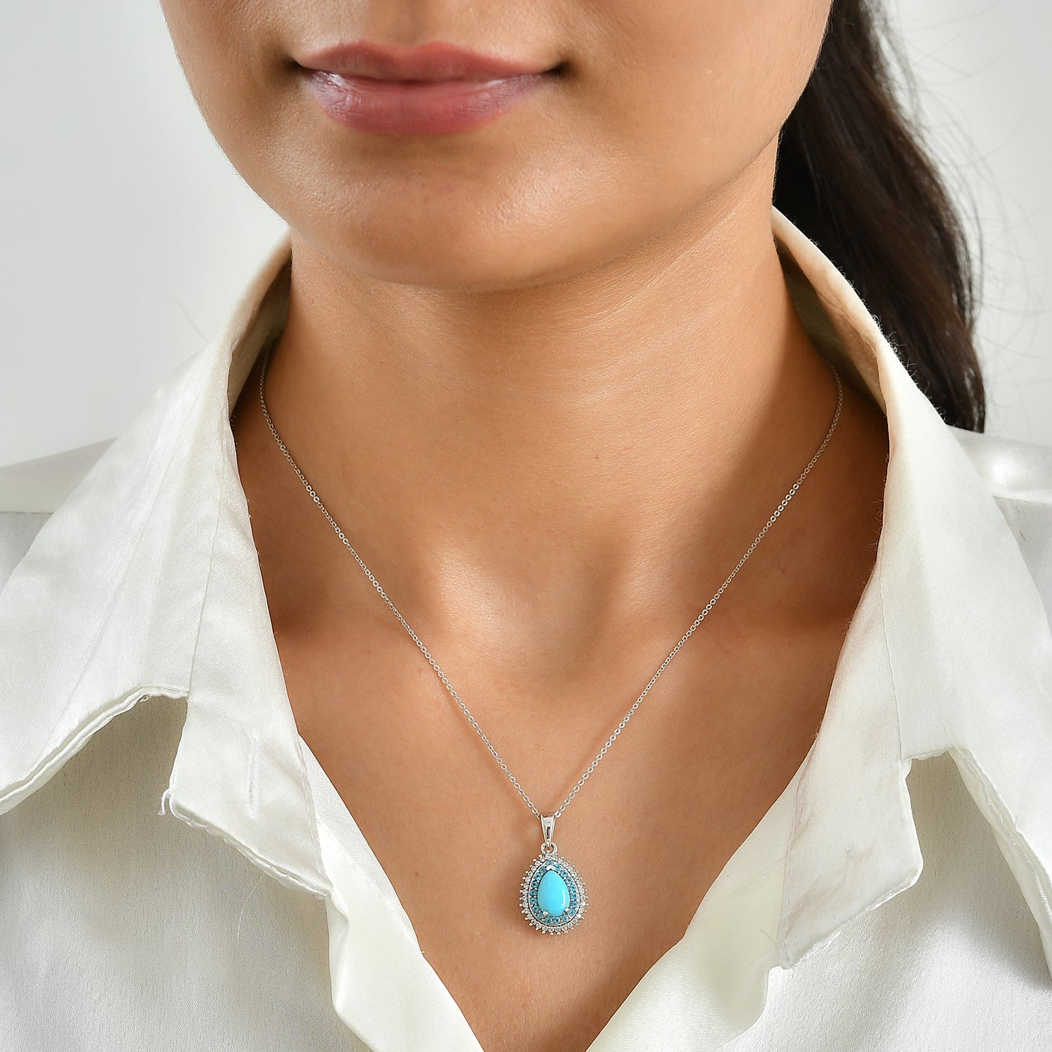 Blue Turquoise,  White Zircon,  Neon Apatite Pendant with Chain (Size 20) in Rhodium Overlay Sterling Silver 1.00 ct  1.852  Ct. 4504472 1