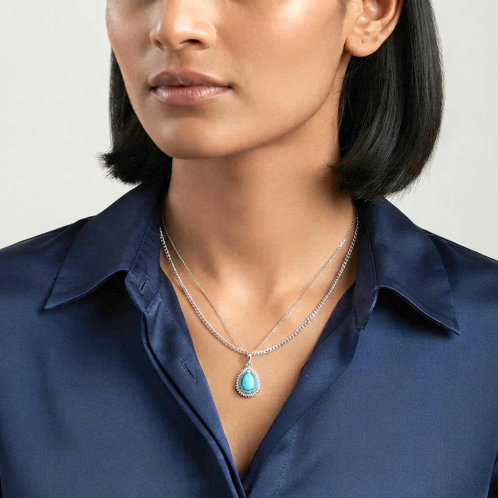 Blue Turquoise,  White Zircon,  Neon Apatite Pendant with Chain (Size 20) in Rhodium Overlay Sterling Silver 1.00 ct  1.852  Ct. 4504472 2