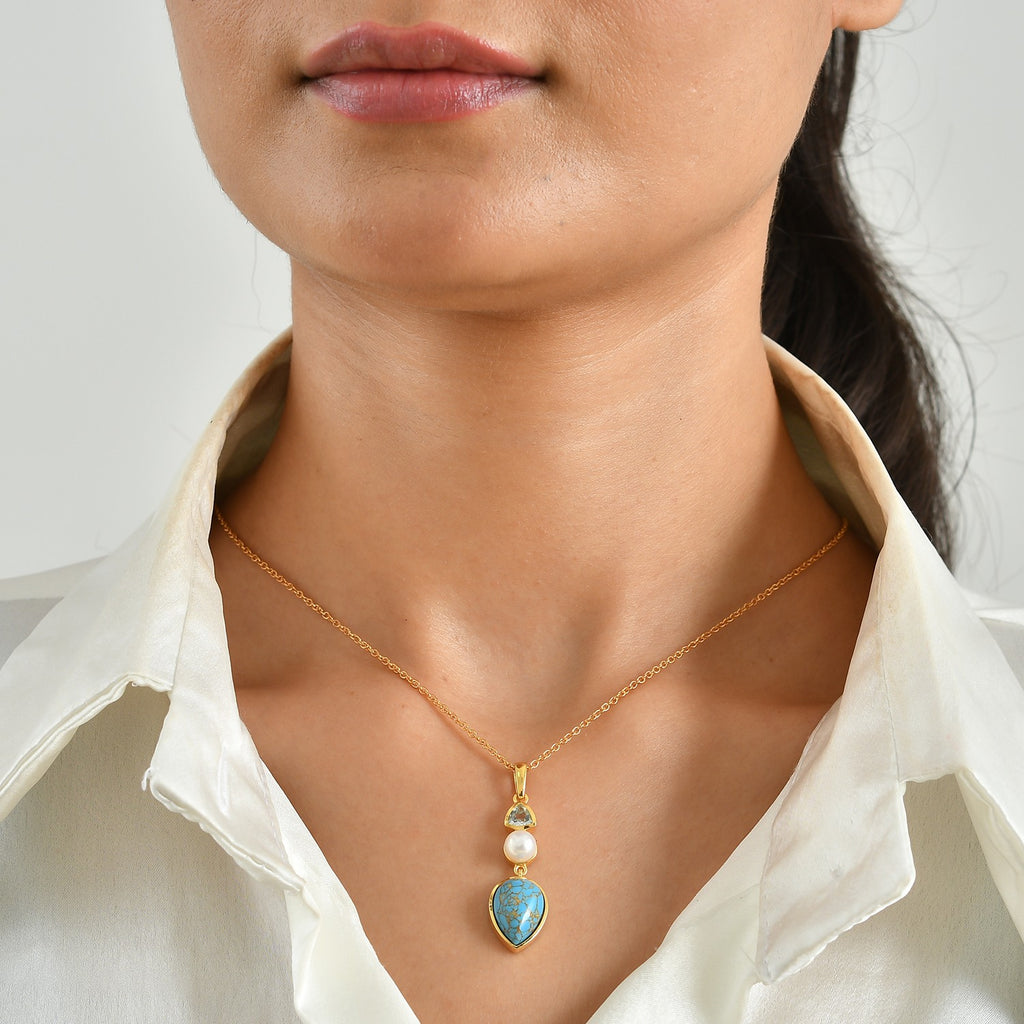 Blue Turquoise,  Fresh Water Pearl,  Skyblue Topaz Pendant with Chain (Size 20) Stainless Steel  1.40ct  7.400  Ct._4504767_1