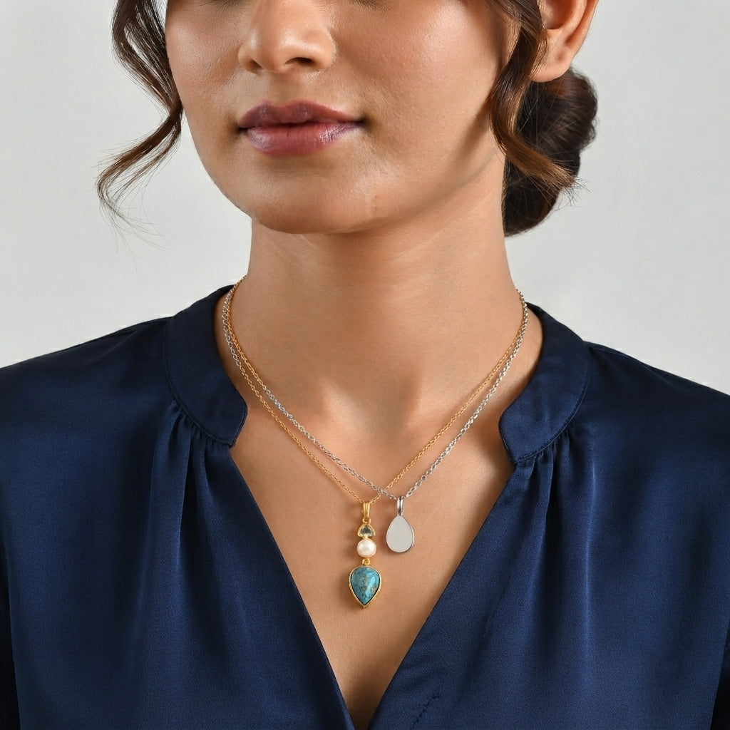 Blue Turquoise,  Fresh Water Pearl,  Skyblue Topaz Pendant with Chain (Size 20) Stainless Steel  1.40ct  7.400  Ct._4504767_2